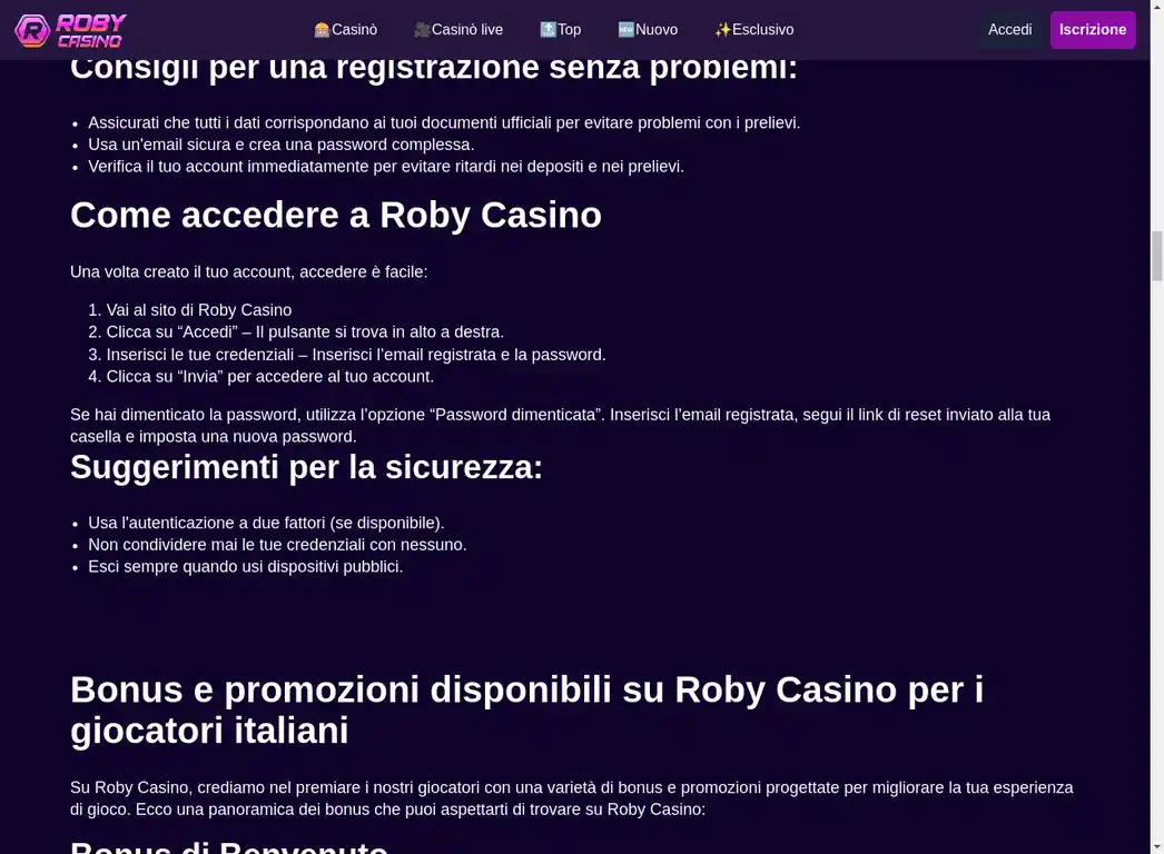 Roby Casino Accesso Login Consigli