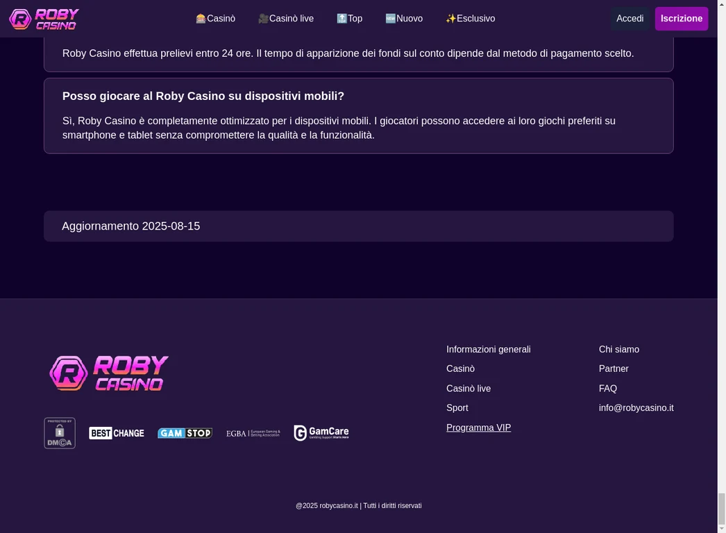 Roby Casino Footer Dispositivi Mobili