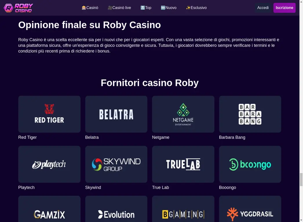 Roby Casino Fornitori Software e Provider