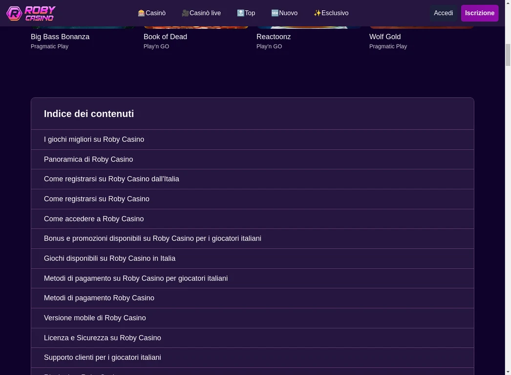 Roby Casino Indice Contenuti Completo
