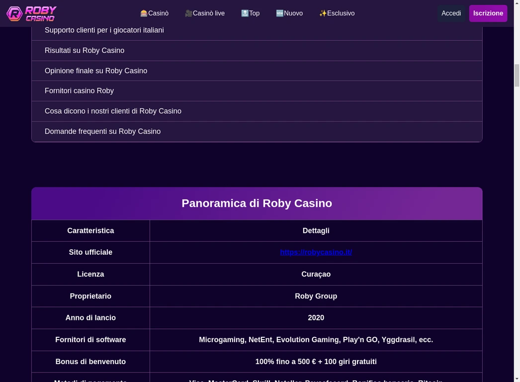Roby Casino Panoramica e Caratteristiche