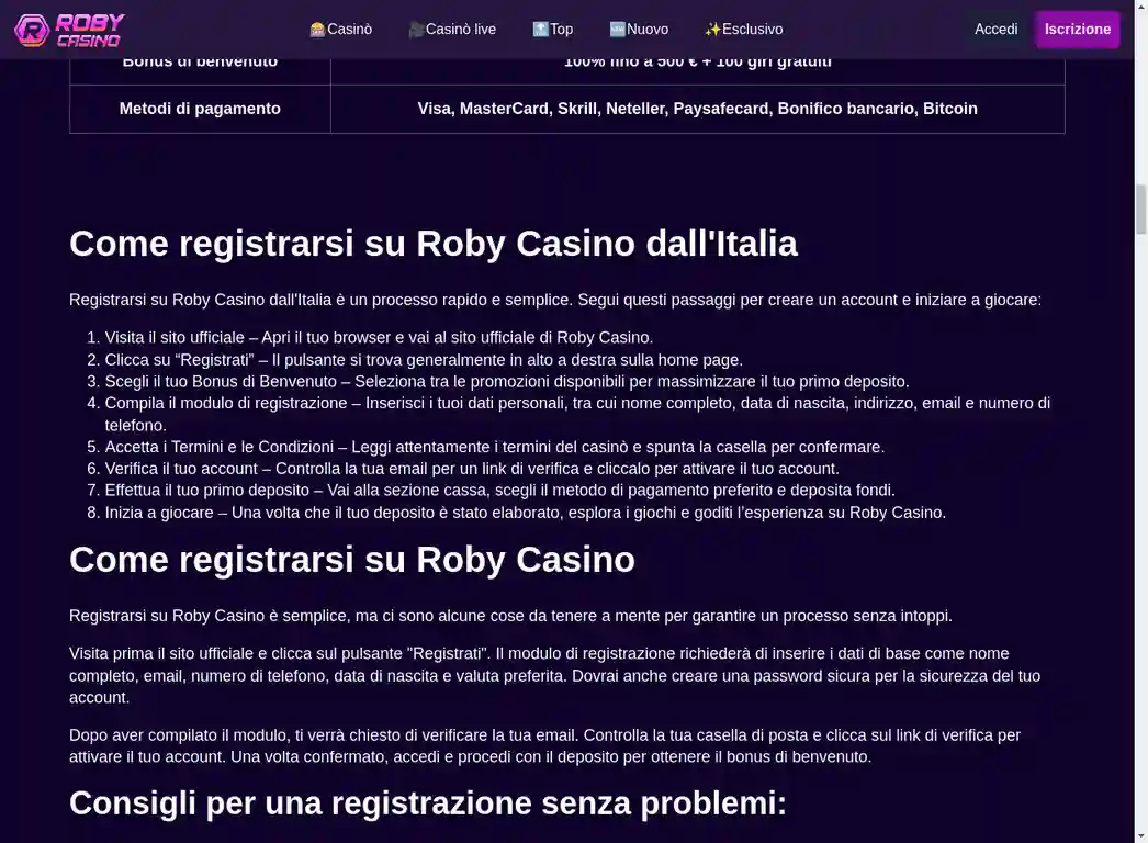 Roby Casino Guida Registrazione Italia