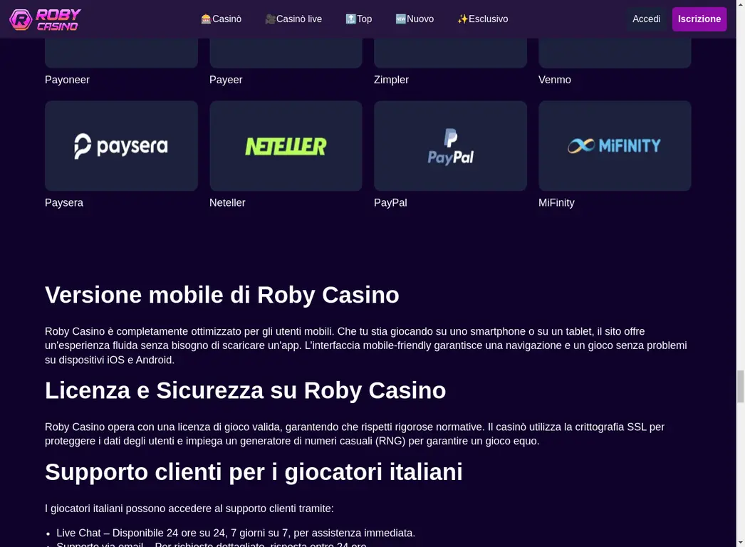 Roby Casino Sistemi Pagamento Mobile