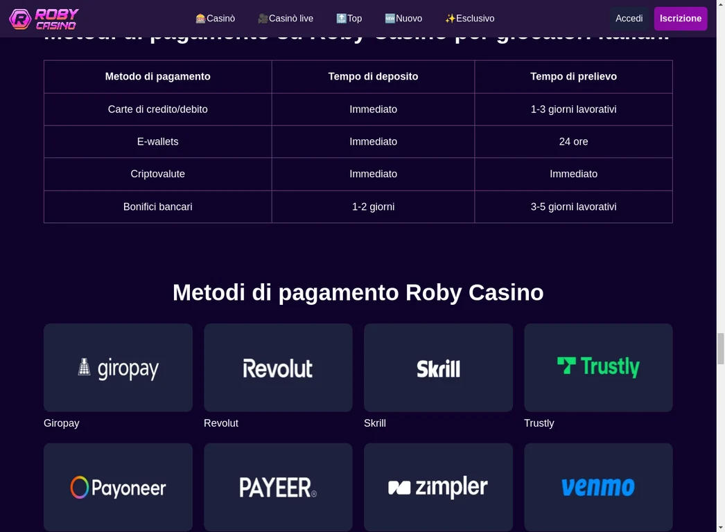 Roby Casino Tabella Metodi di Pagamento