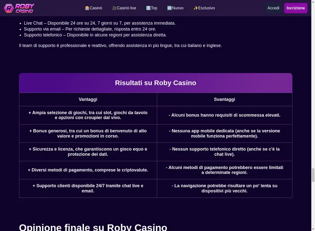 Roby Casino Vantaggi e Svantaggi